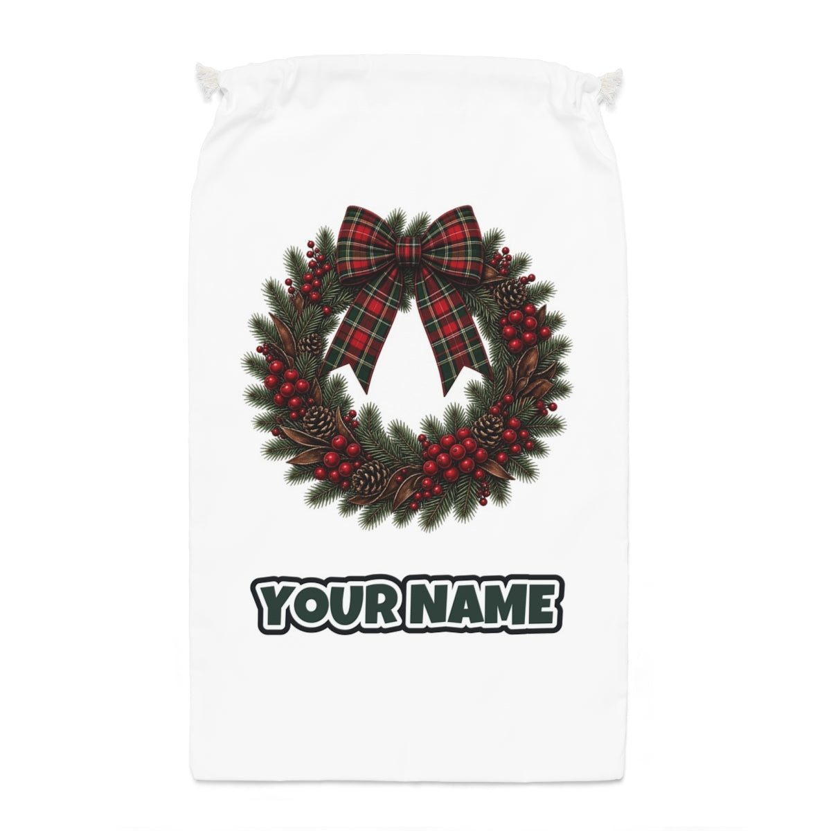 Tartan Bow Pine Wreath Santa sack laid flat, showing the full print