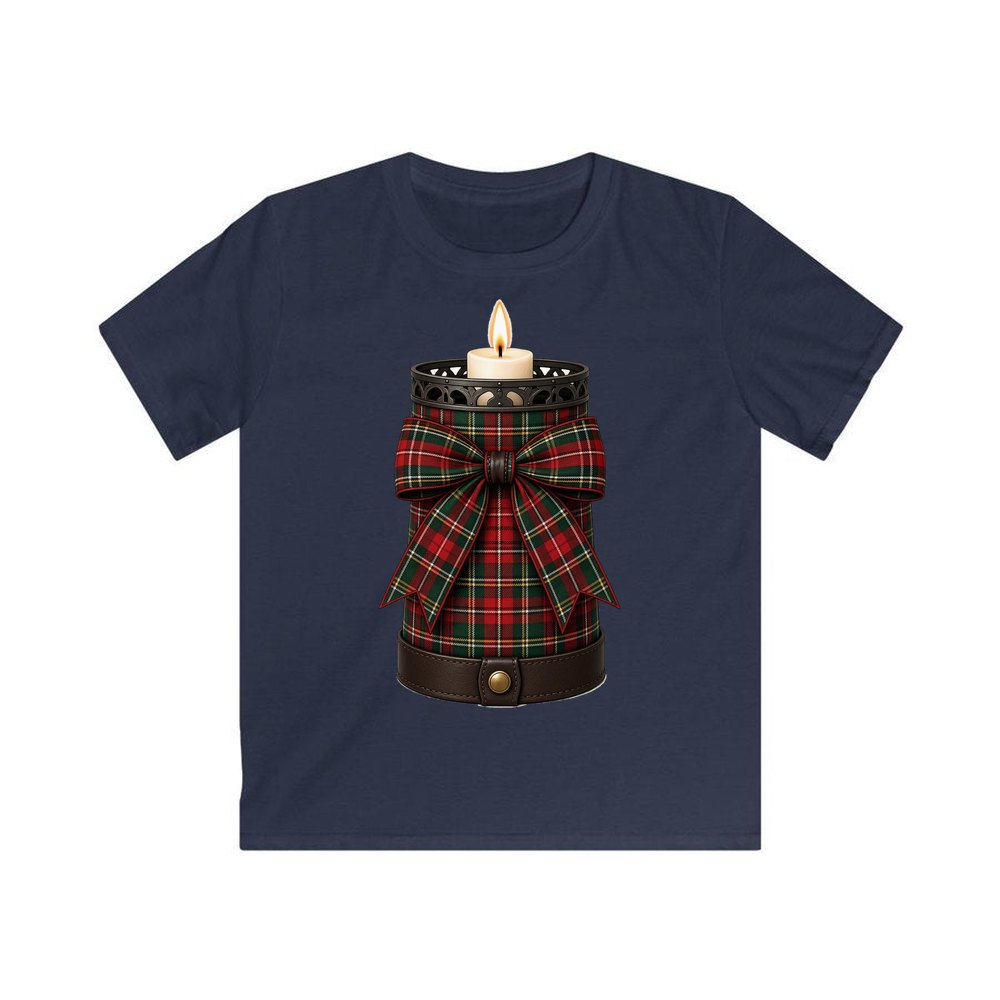 Tartan Candle Holder personalised kids Christmas tee in navy