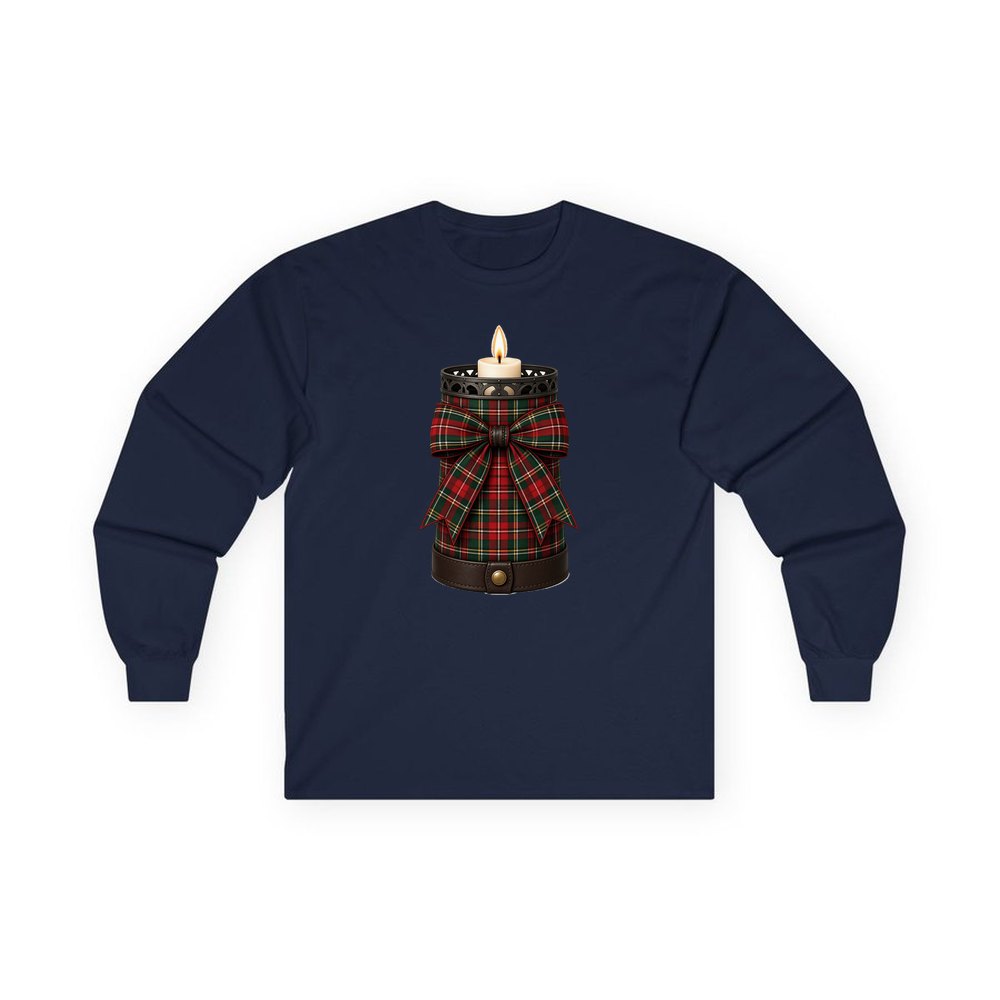Tartan Candle Holder personalised long sleeve Christmas T-shirt in navy