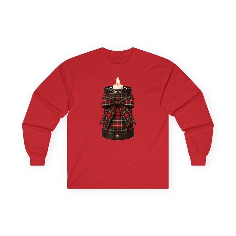 Tartan Candle Holder personalised long sleeve Christmas T-shirt in red
