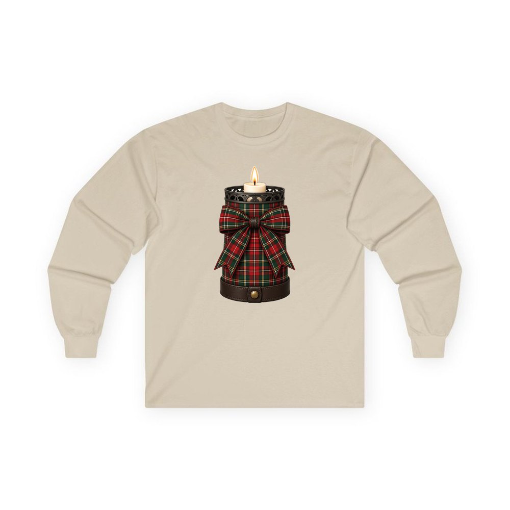 Tartan Candle Holder personalised long sleeve Christmas T-shirt in sand