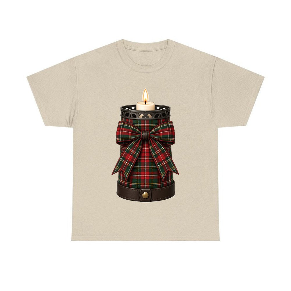 Tartan Candle Holder personalised Christmas T-shirt in sand