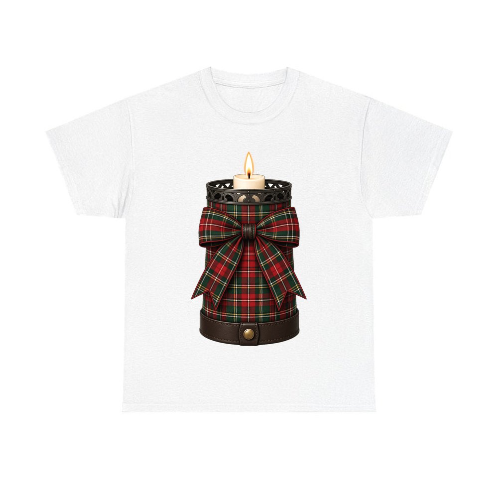 Tartan Candle Holder personalised Christmas T-shirt in white