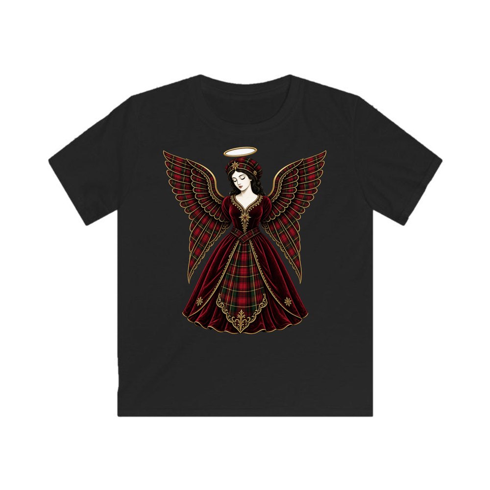 Tartan Christmas Angel personalised kids Christmas tee in black