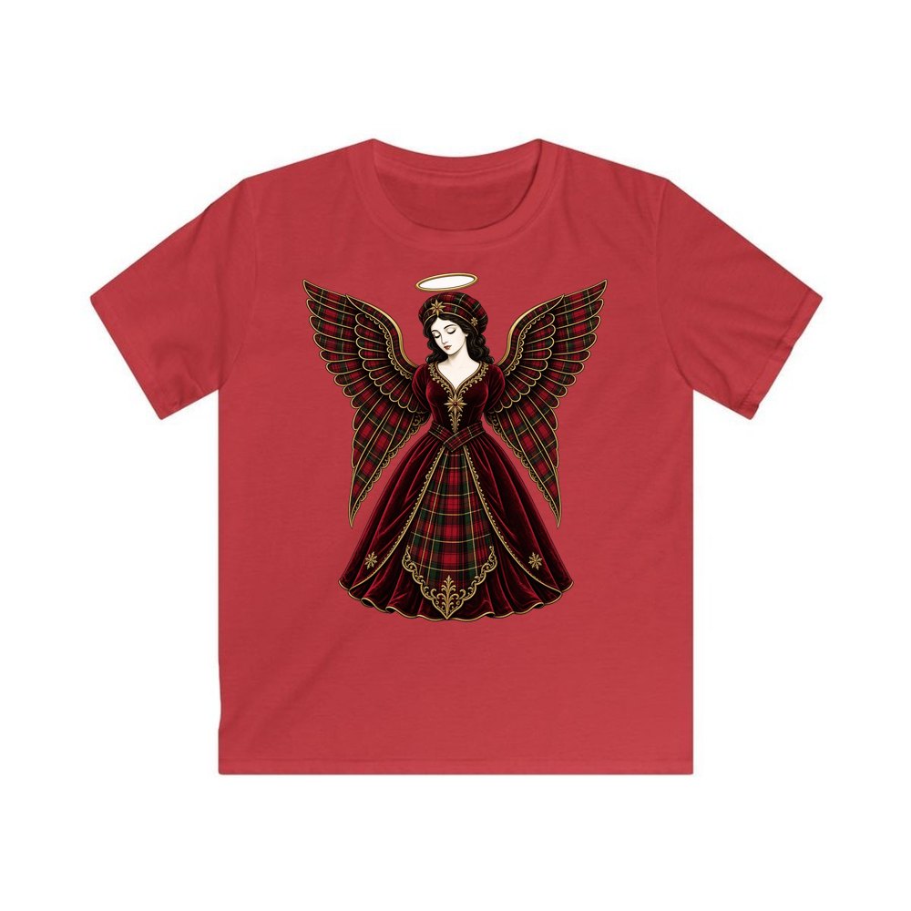Tartan Christmas Angel personalised kids Christmas tee in red