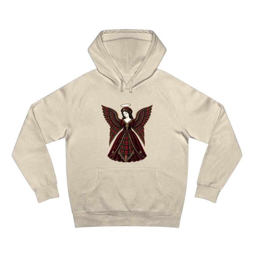 Tartan Christmas Angel personalised Christmas hoodie in sand