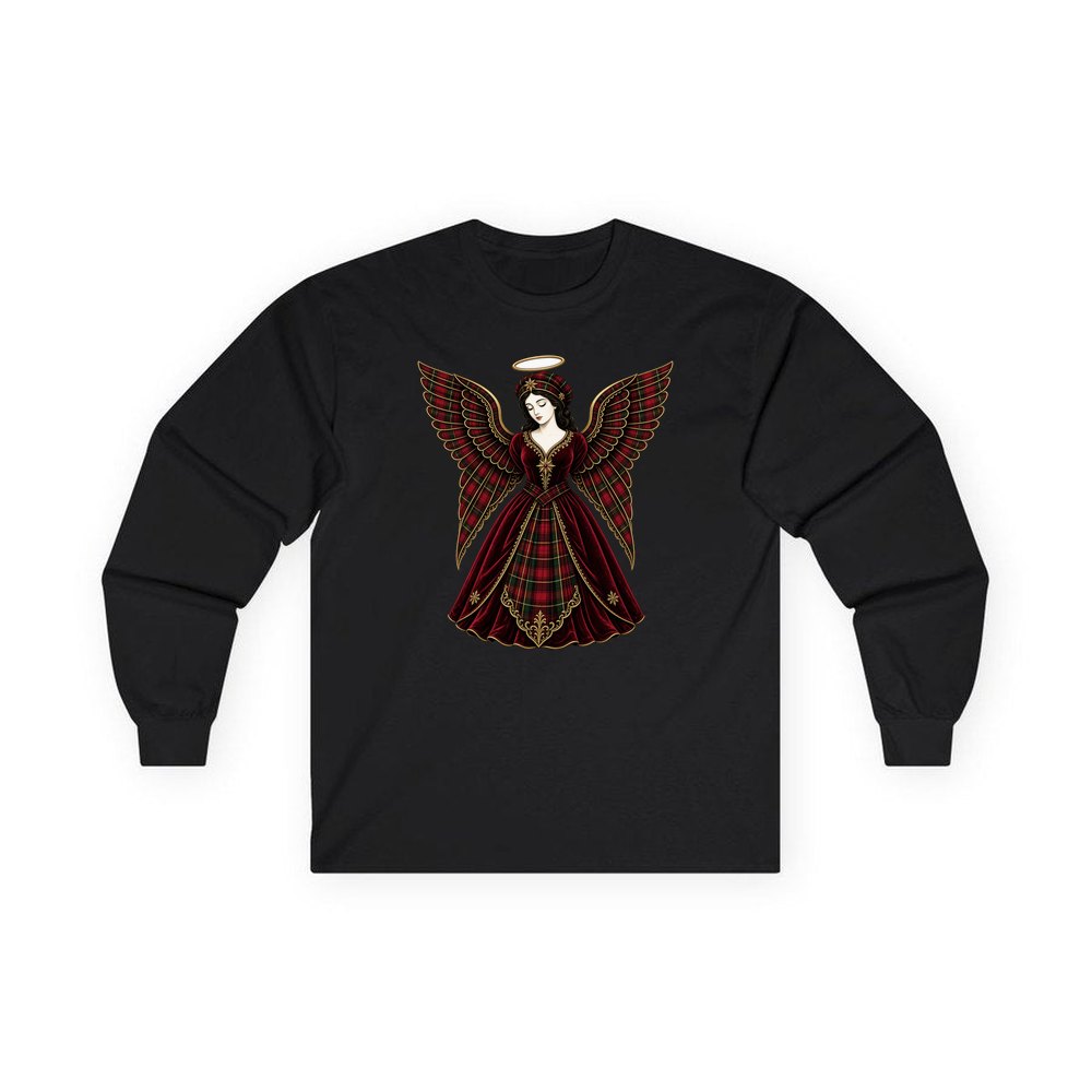 Tartan Christmas Angel personalised long sleeve Christmas T-shirt in black