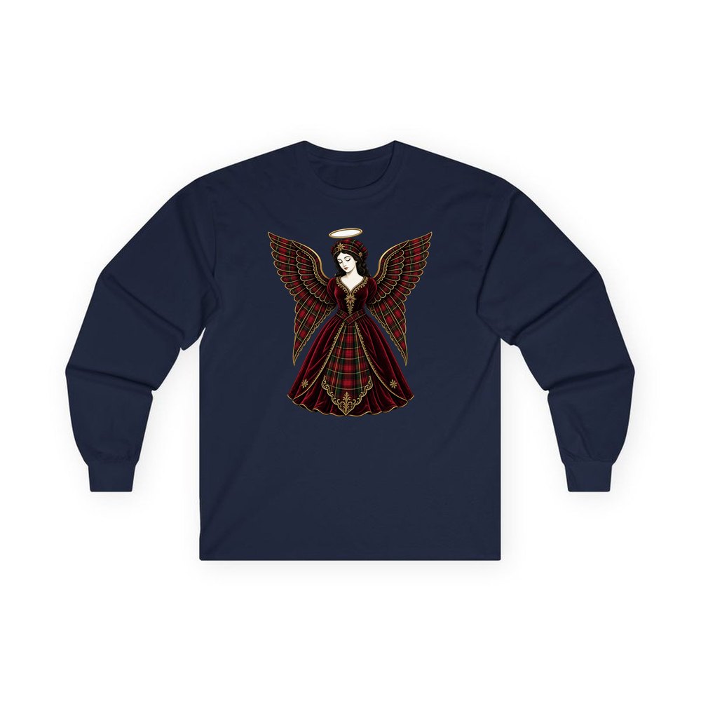 Tartan Christmas Angel personalised long sleeve Christmas T-shirt in navy