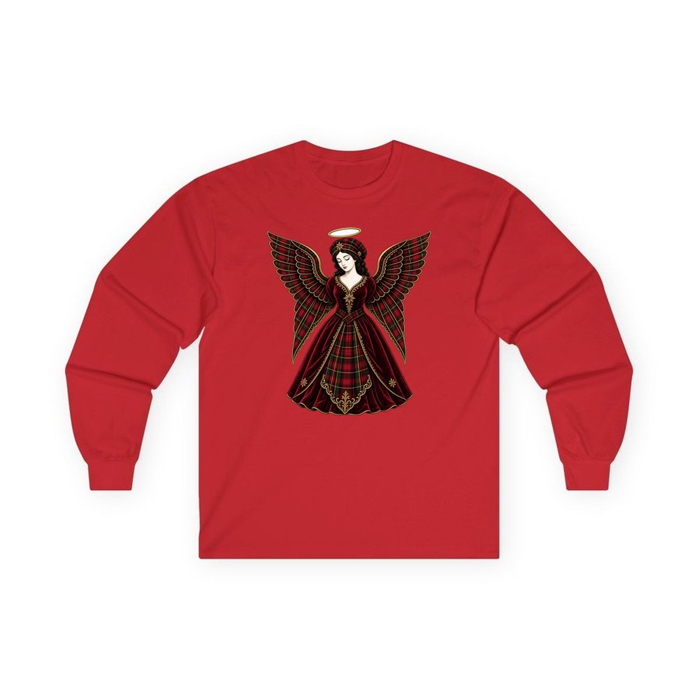 Tartan Christmas Angel personalised long sleeve Christmas T-shirt in red
