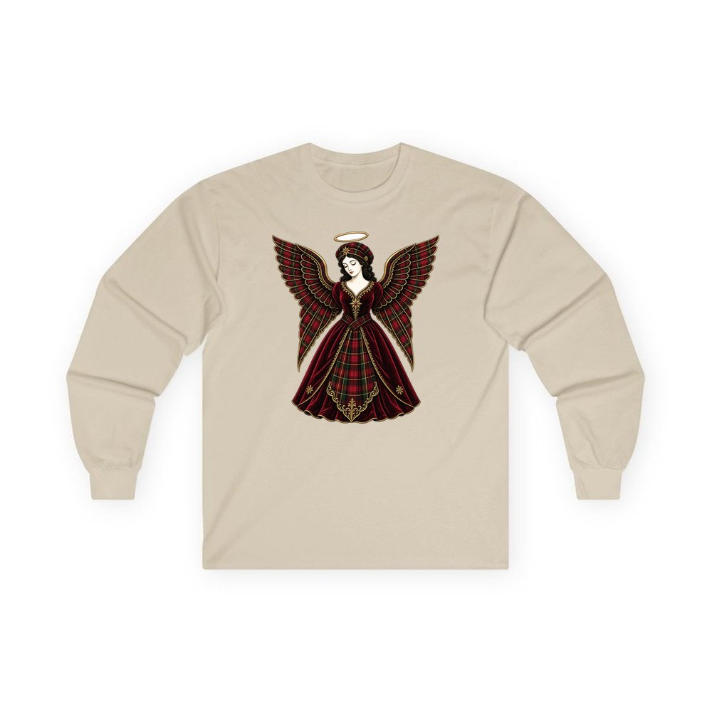 Tartan Christmas Angel personalised long sleeve Christmas T-shirt in sand