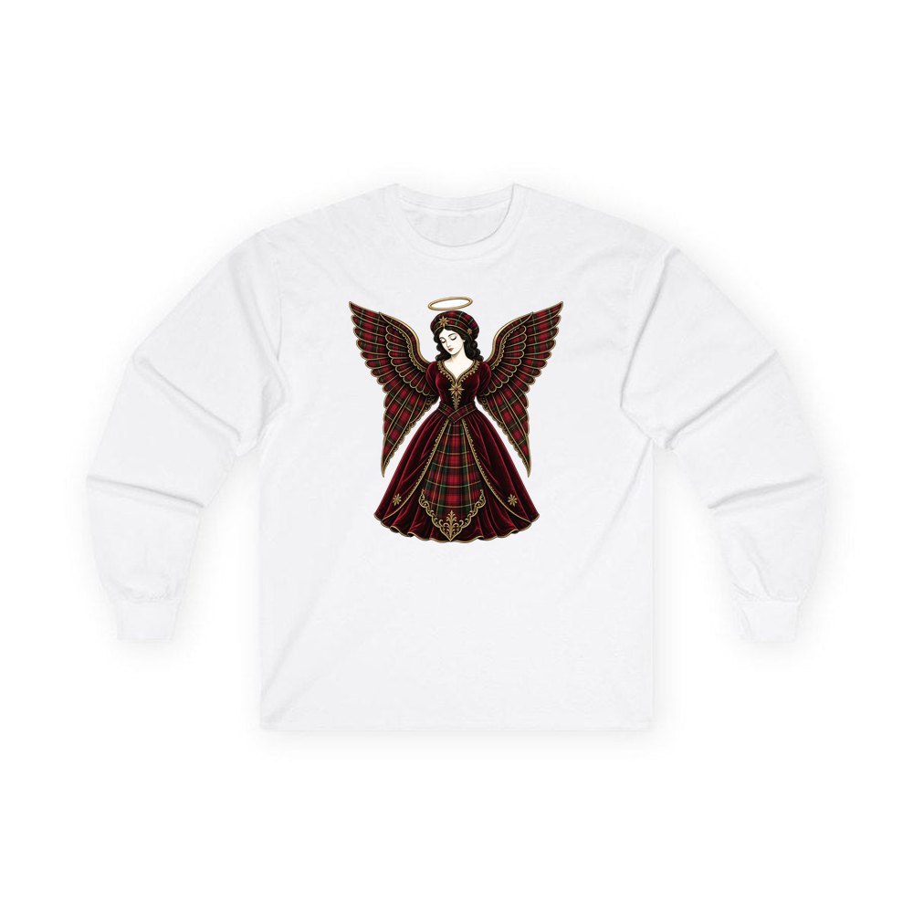 Tartan Christmas Angel personalised long sleeve Christmas T-shirt in white