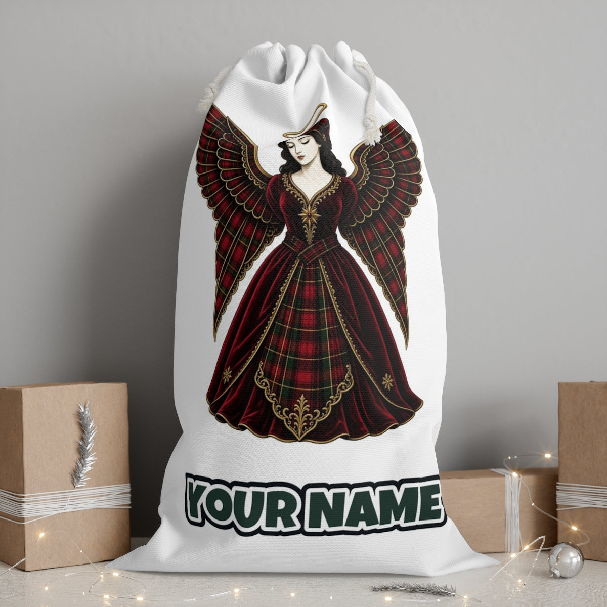 Tartan Christmas Angel personalised Santa sack, white, with the name printed under the artwork