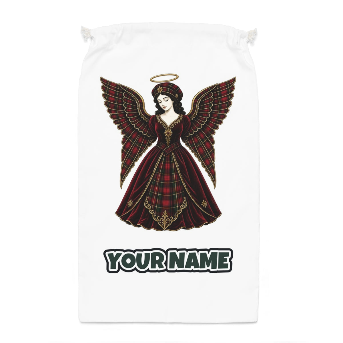 Tartan Christmas Angel Santa sack laid flat, showing the full print