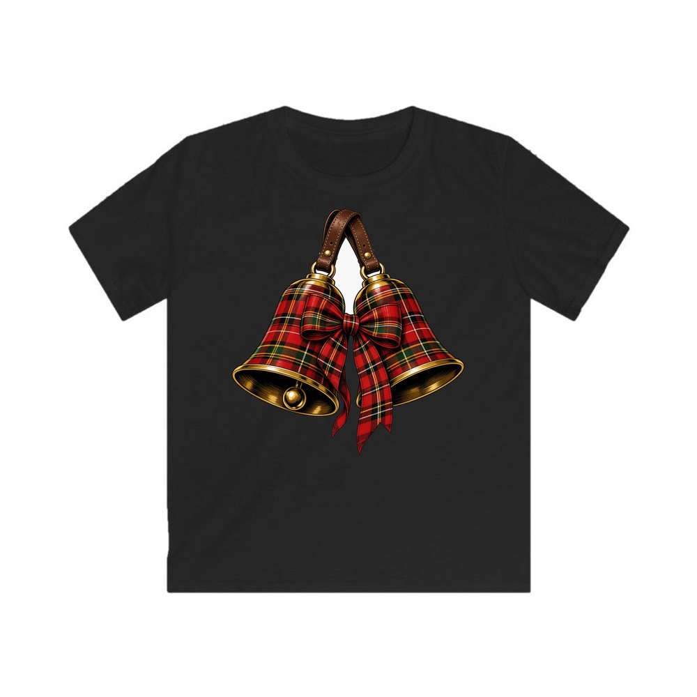 Tartan Christmas Bells personalised kids Christmas tee in black