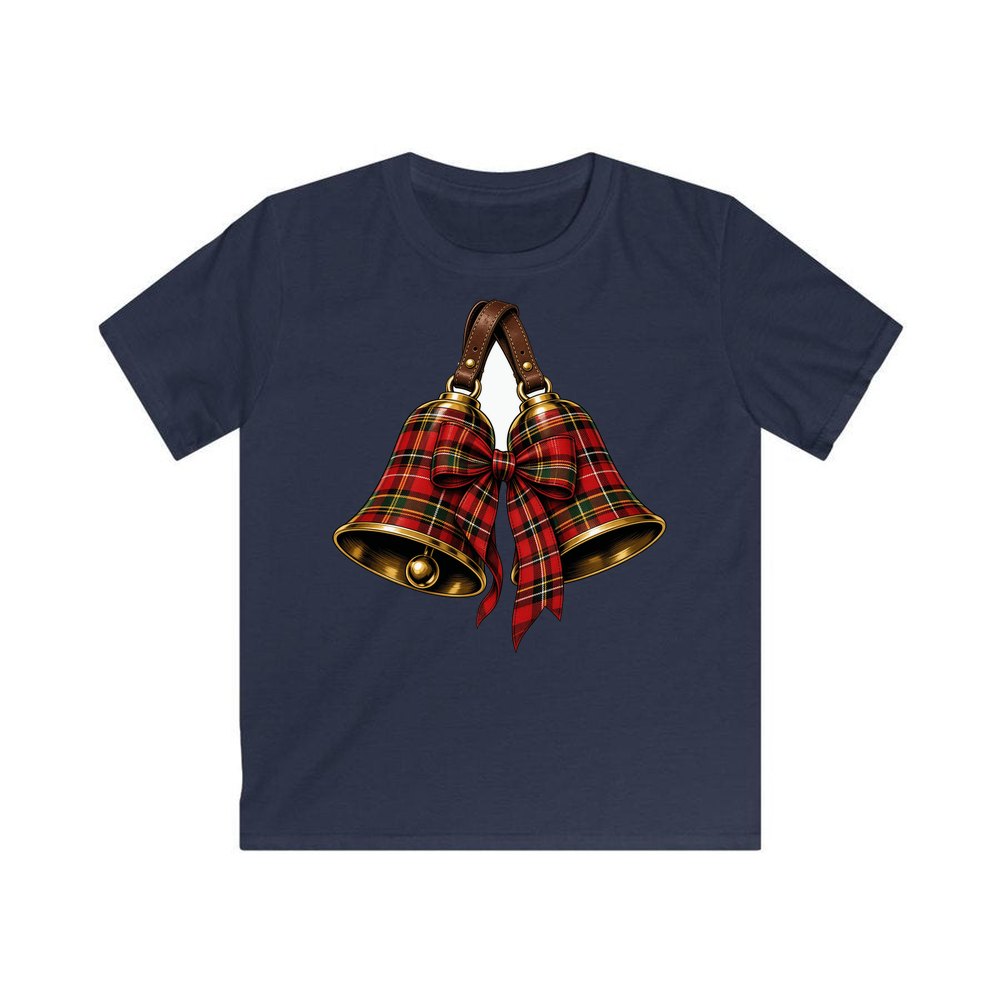 Tartan Christmas Bells personalised kids Christmas tee in navy