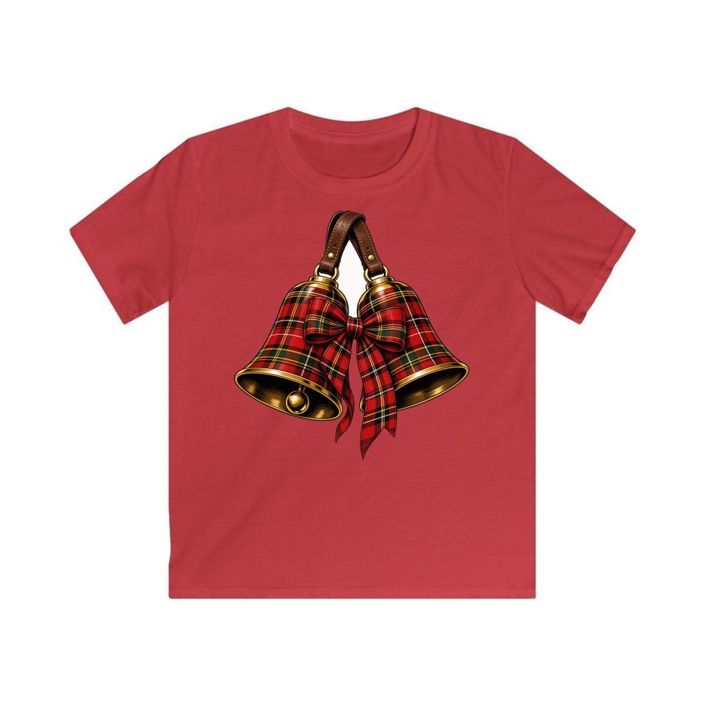Tartan Christmas Bells personalised kids Christmas tee in red