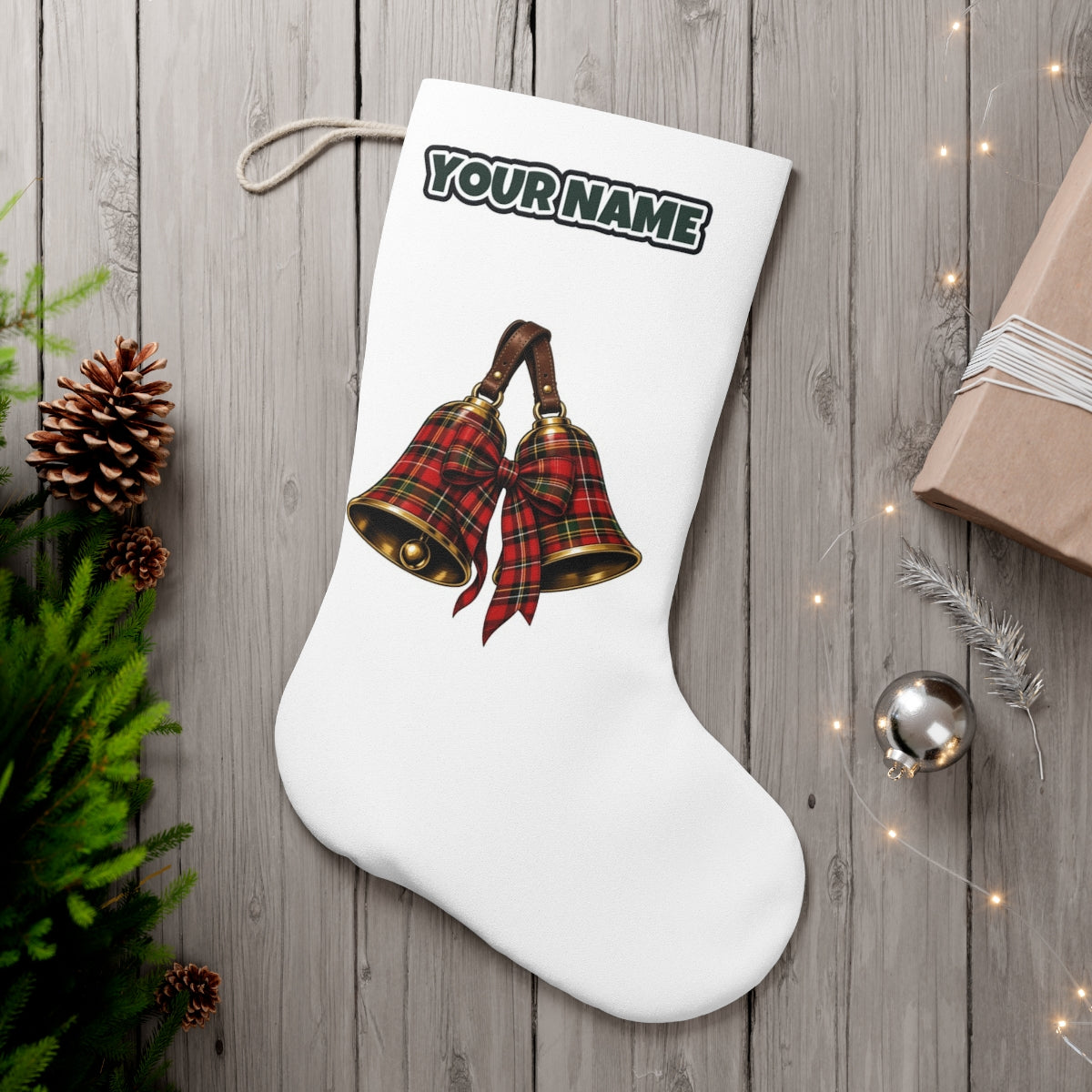 Tartan Christmas Bells personalised Christmas stocking, white, with the name across the top
