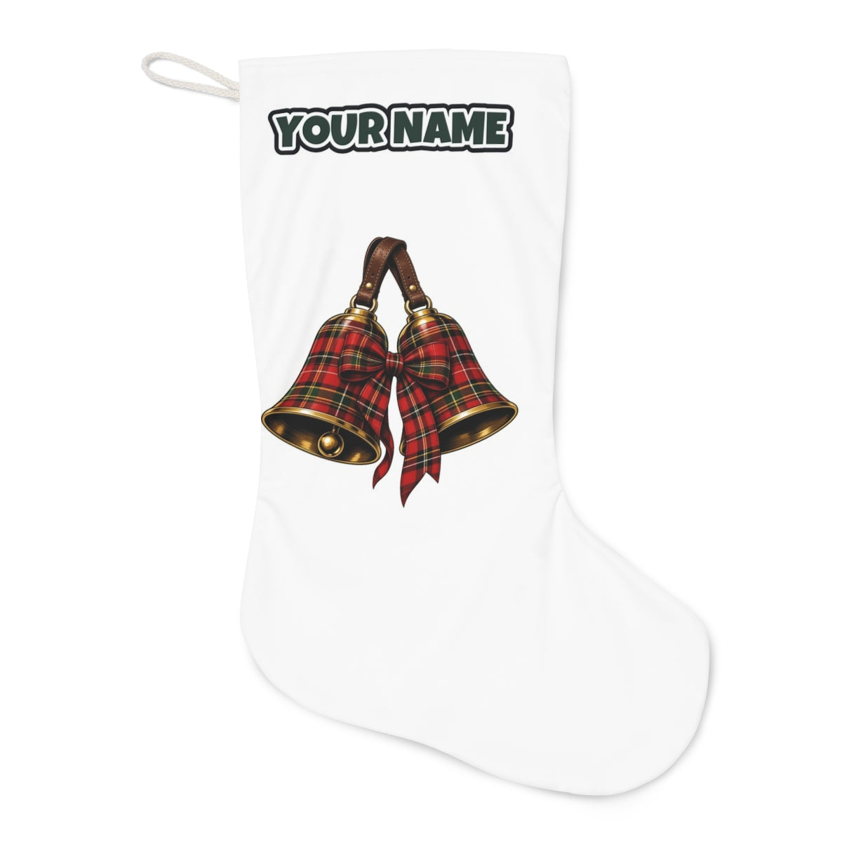 Tartan Christmas Bells Christmas stocking laid flat, showing the full print