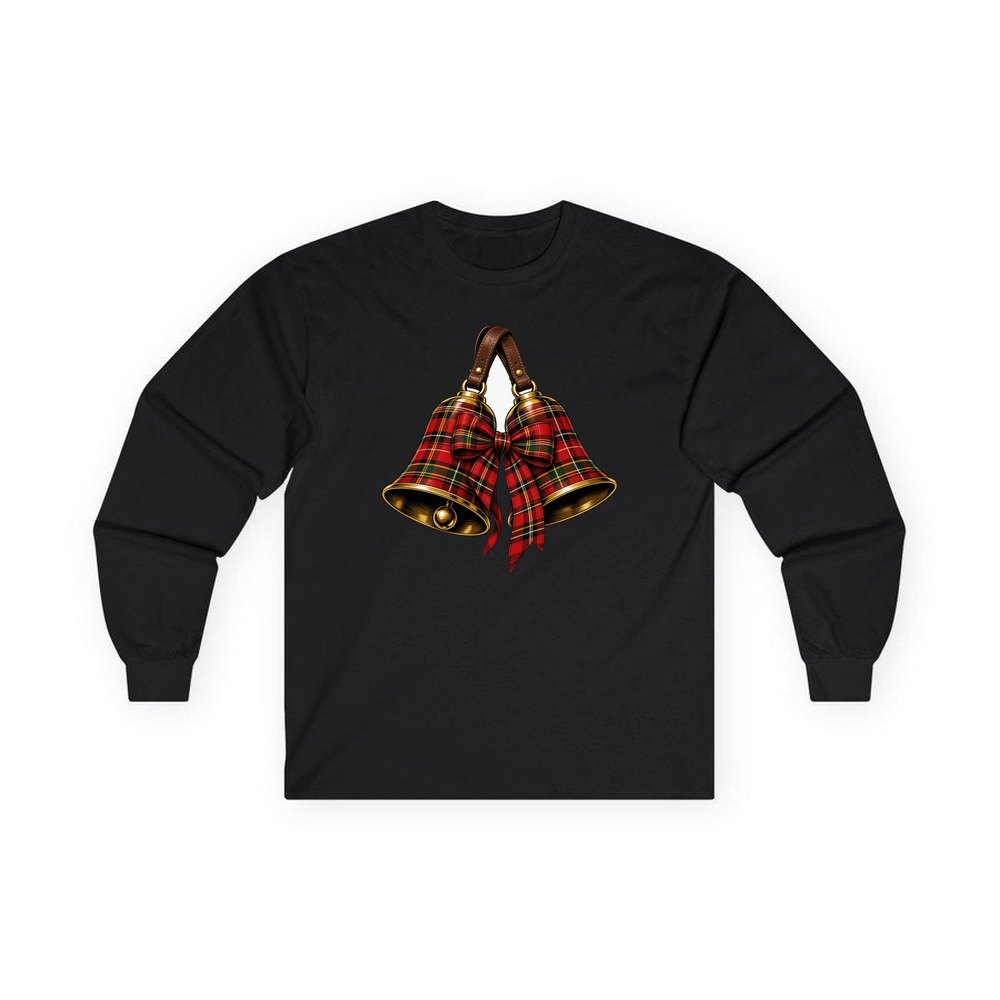 Tartan Christmas Bells personalised long sleeve Christmas T-shirt in black