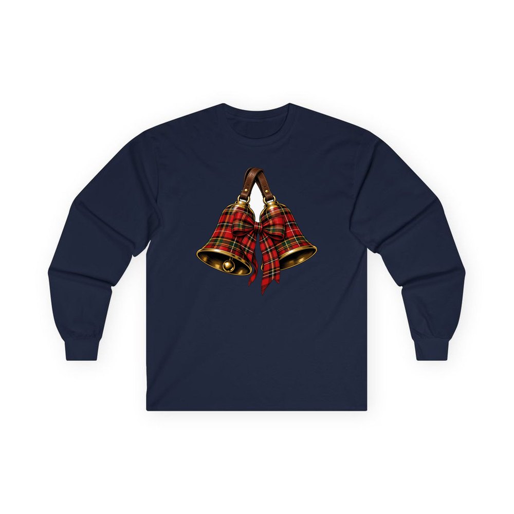 Tartan Christmas Bells personalised long sleeve Christmas T-shirt in navy