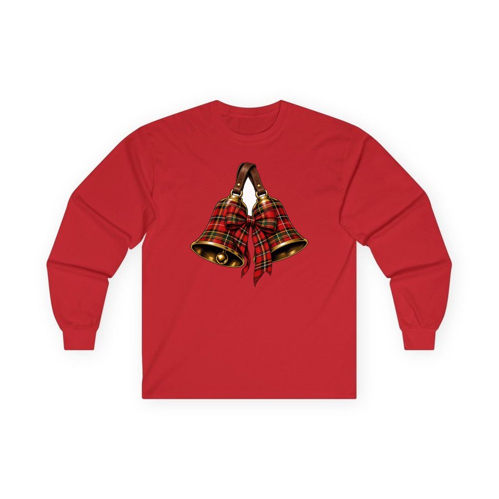 Tartan Christmas Bells personalised long sleeve Christmas T-shirt in red