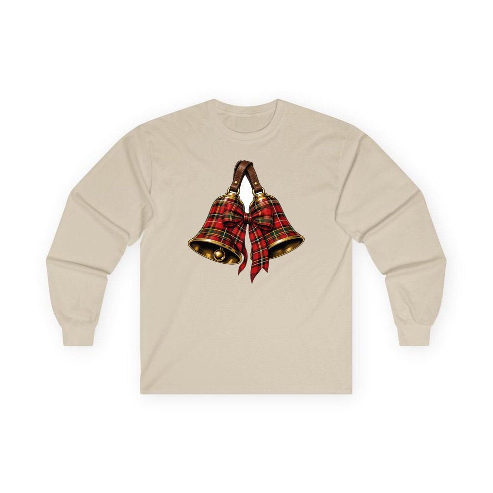 Tartan Christmas Bells personalised long sleeve Christmas T-shirt in sand