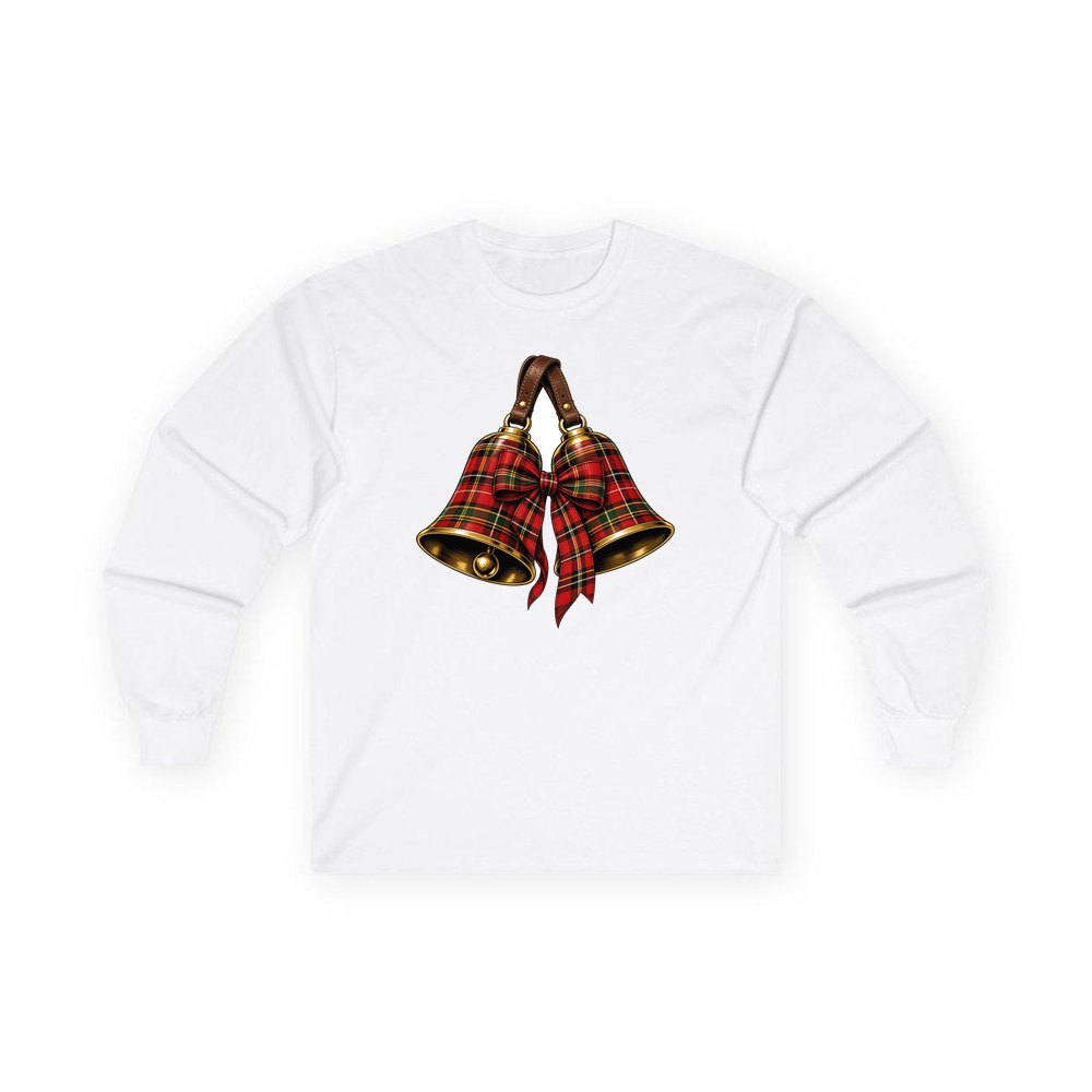 Tartan Christmas Bells personalised long sleeve Christmas T-shirt in white