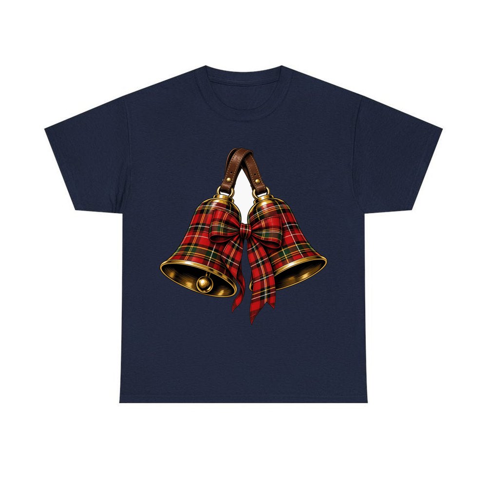 Tartan Christmas Bells personalised Christmas T-shirt in navy