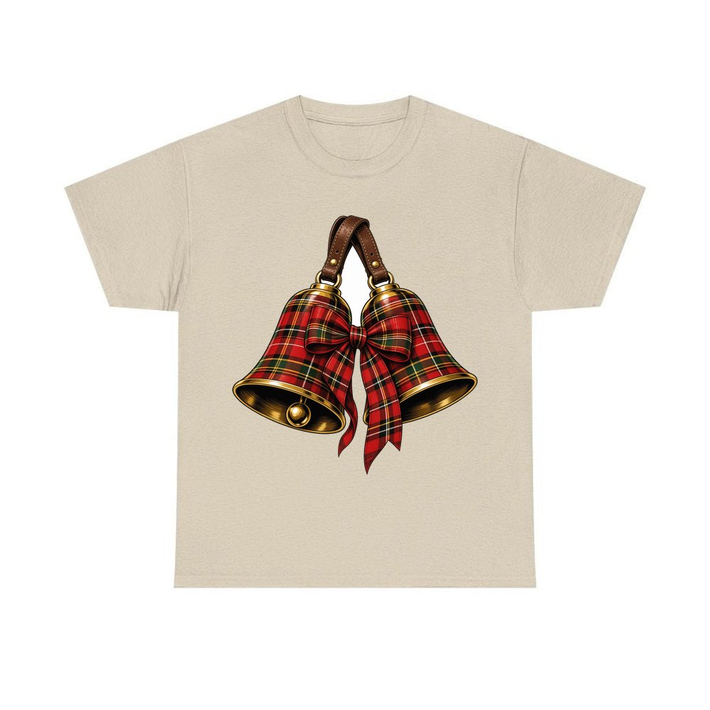 Tartan Christmas Bells personalised Christmas T-shirt in sand