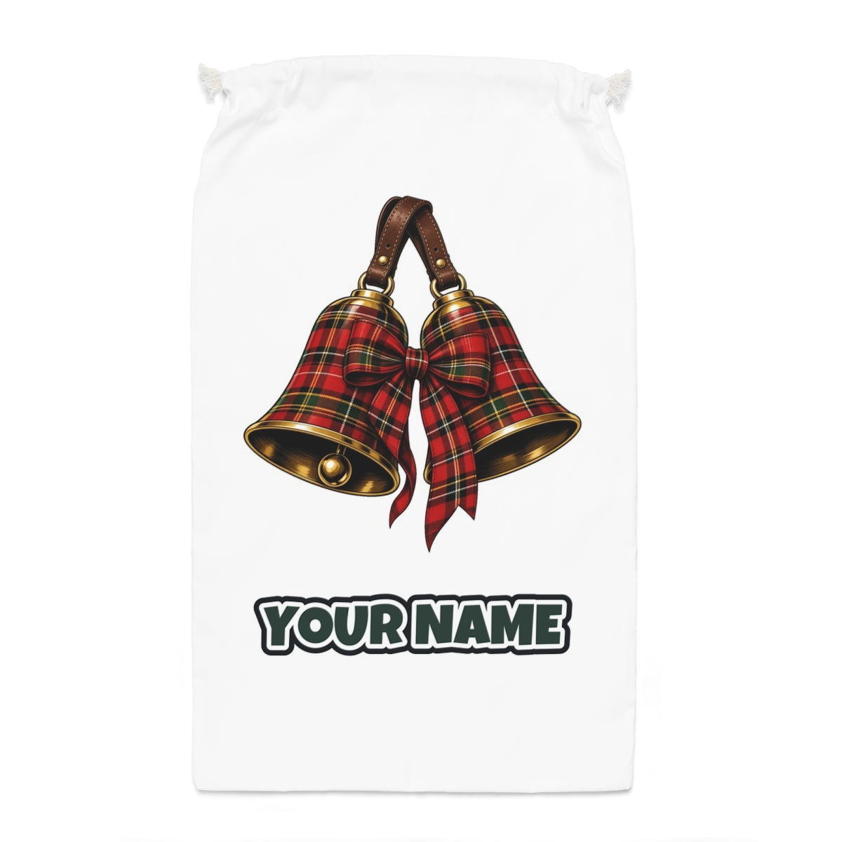 Tartan Christmas Bells Santa sack laid flat, showing the full print