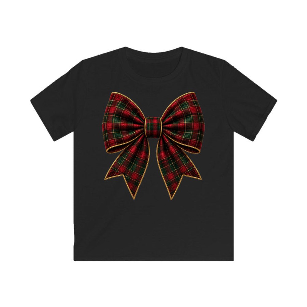 Tartan Christmas Bow personalised kids Christmas tee in black