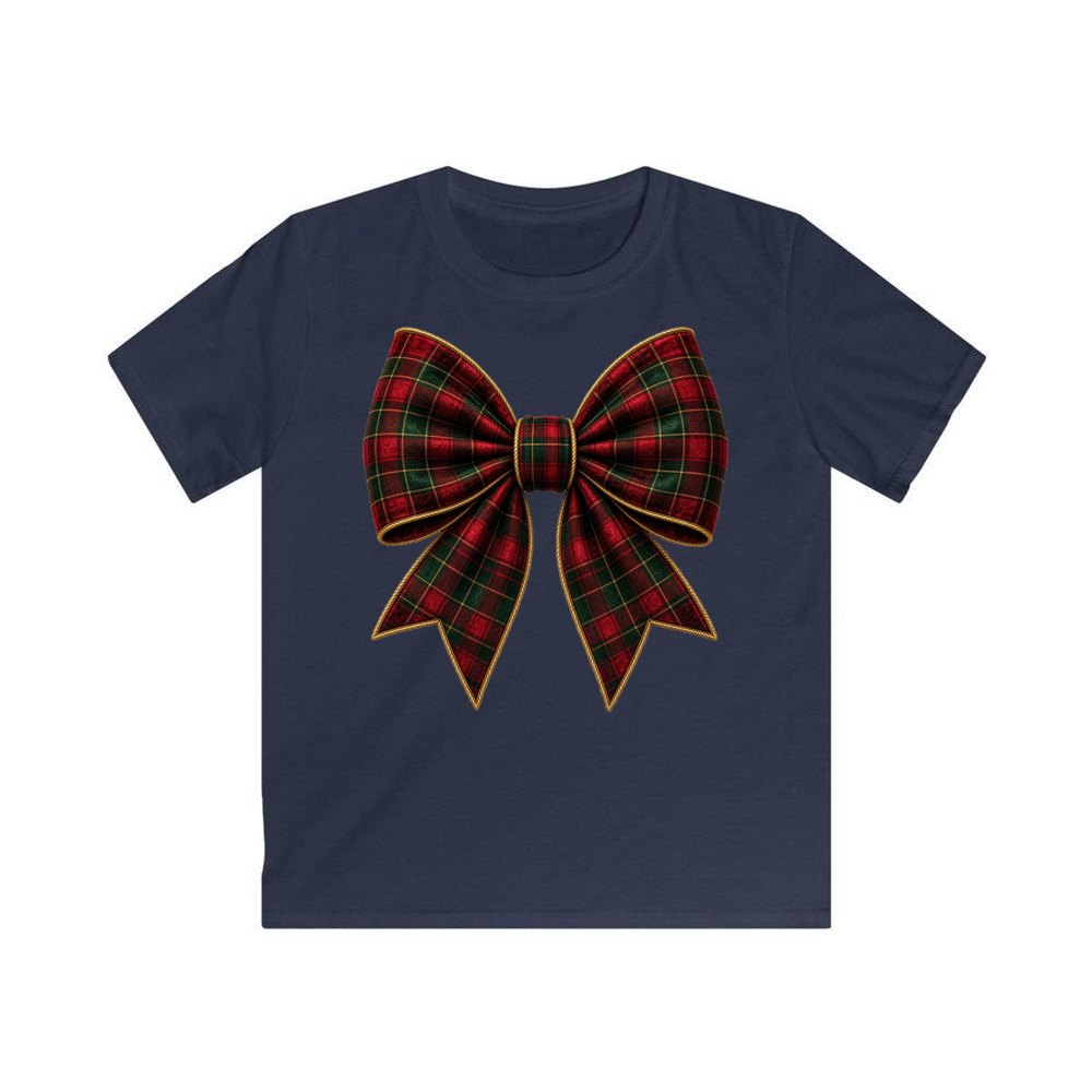 Tartan Christmas Bow personalised kids Christmas tee in navy