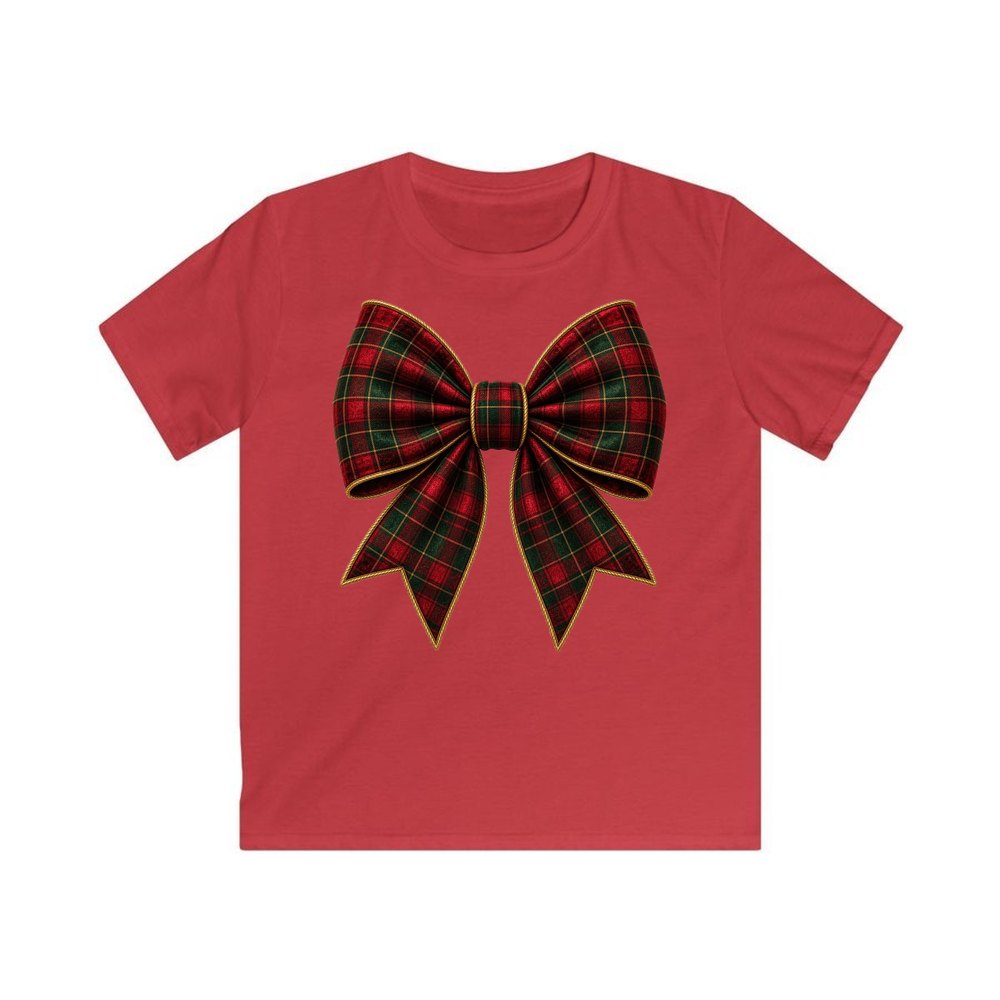 Tartan Christmas Bow personalised kids Christmas tee in red