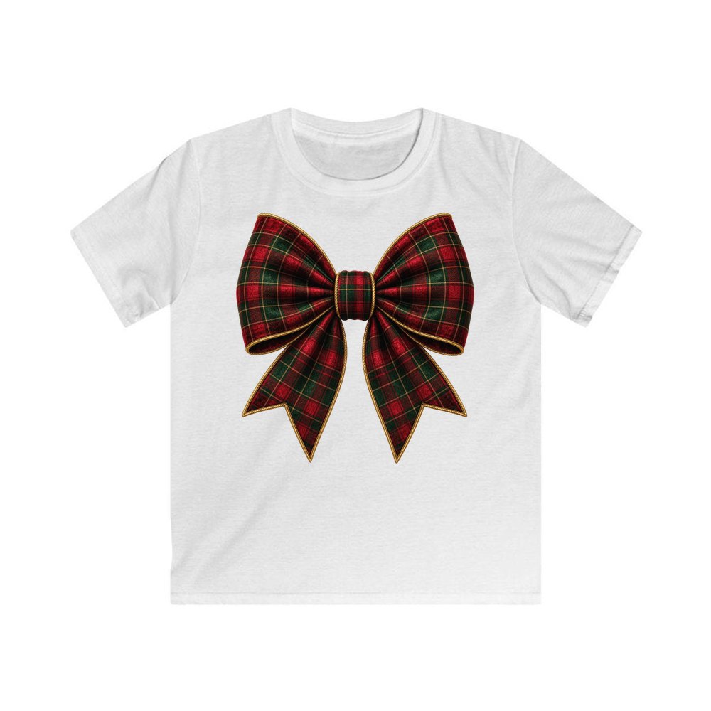 Tartan Christmas Bow personalised kids Christmas tee in white