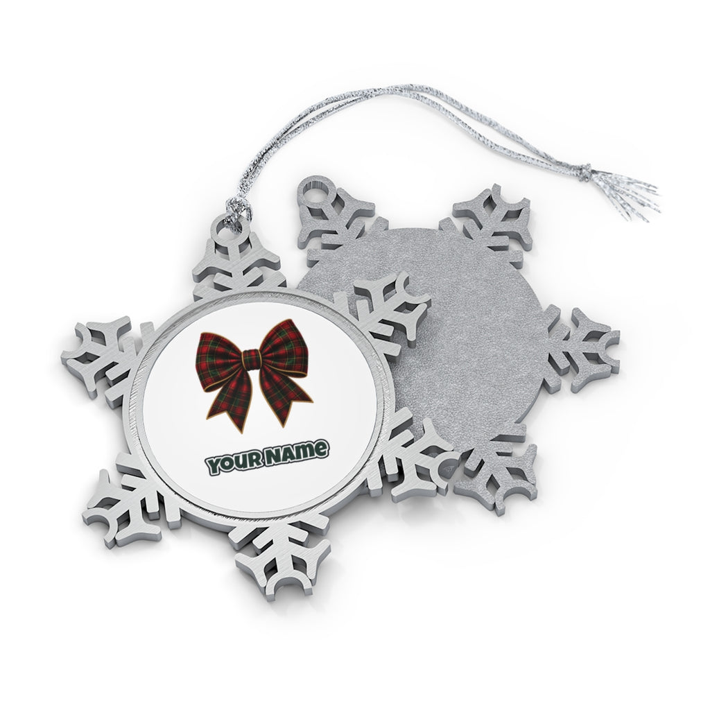 Tartan Christmas Bow Personalised Pewter Christmas Ornament