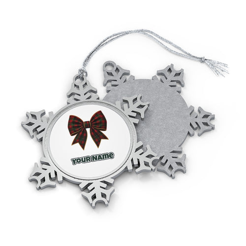 Tartan Christmas Bow personalised pewter snowflake Christmas ornament, front and back, with a name under the design