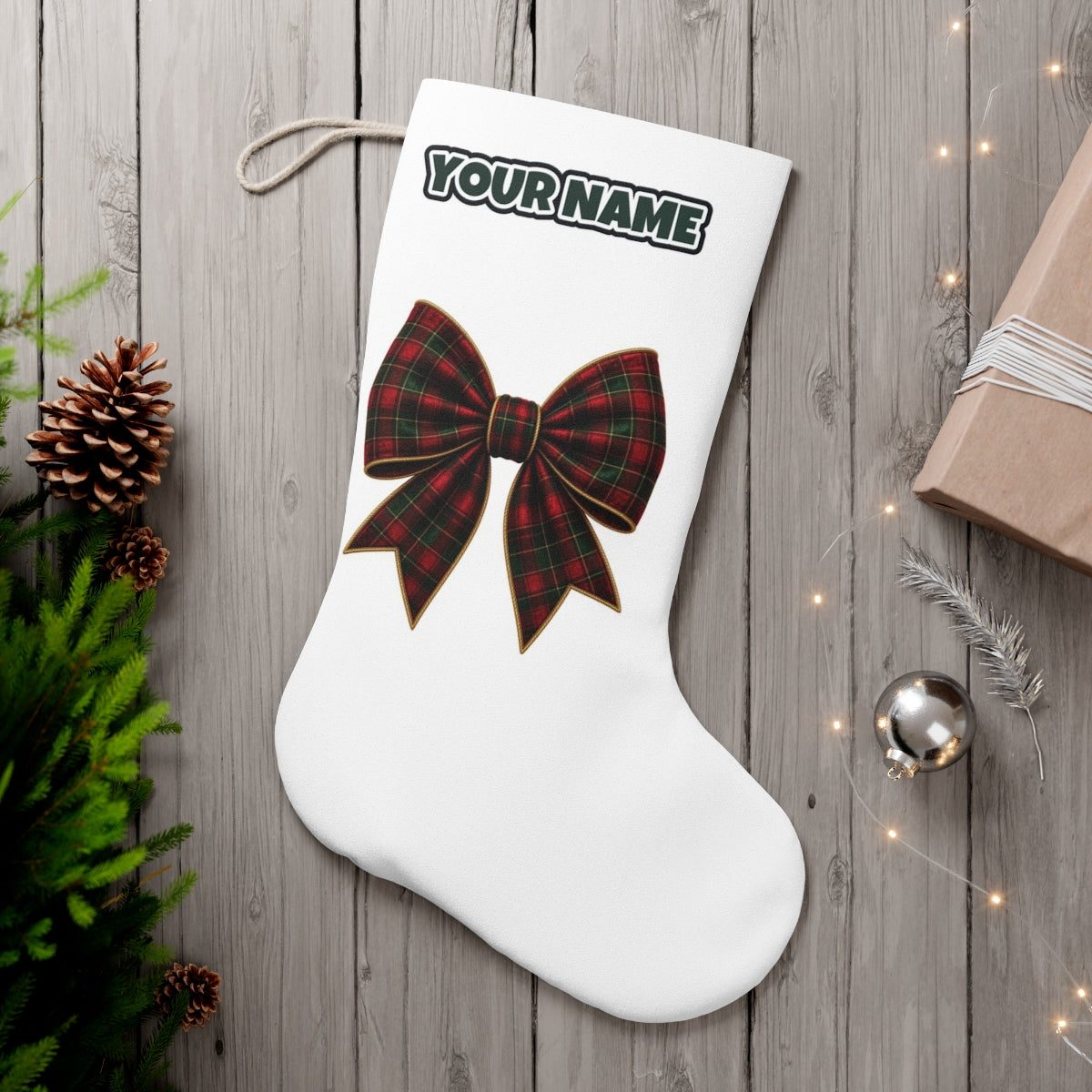 Tartan Christmas Bow personalised Christmas stocking, white, with the name across the top