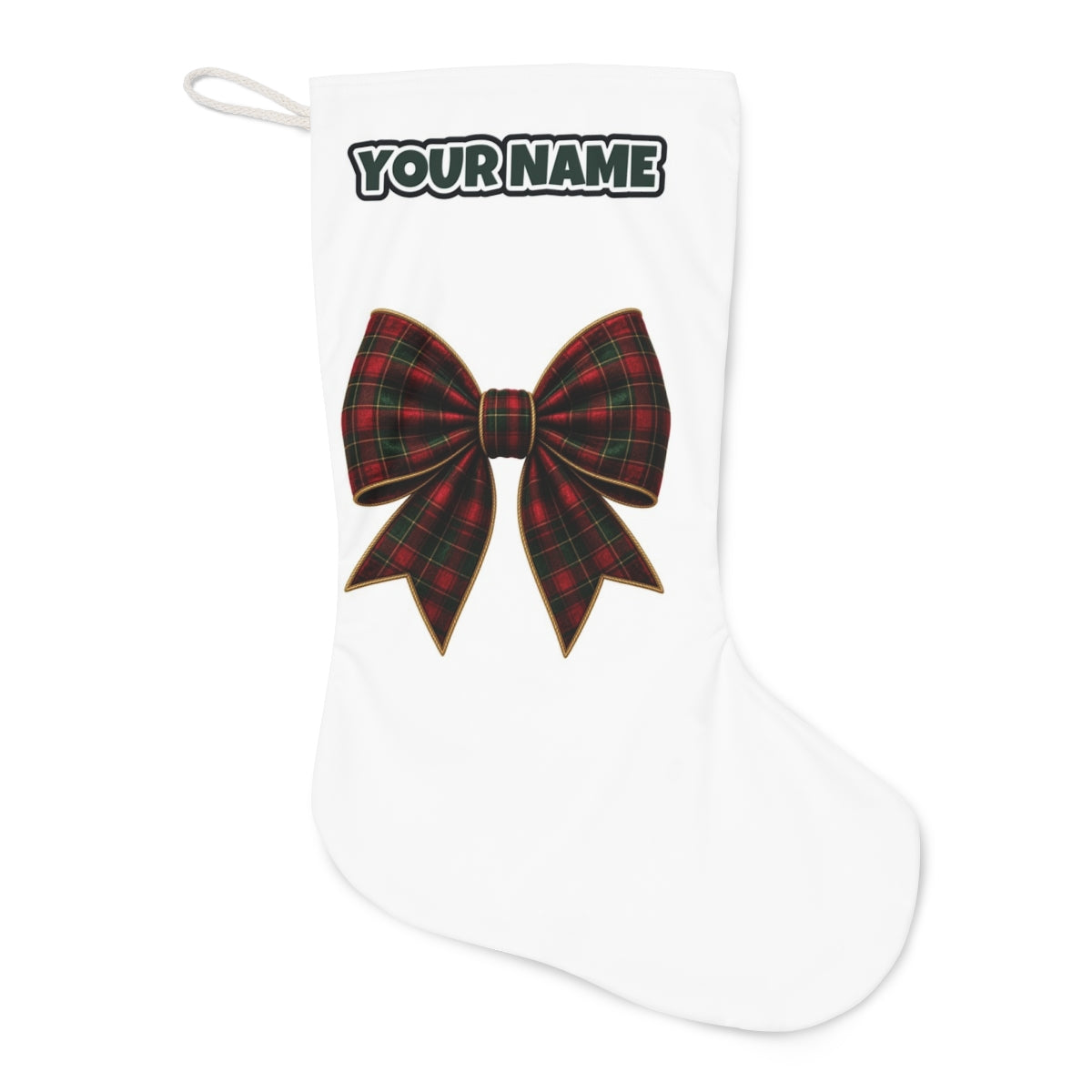 Tartan Christmas Bow Christmas stocking laid flat, showing the full print