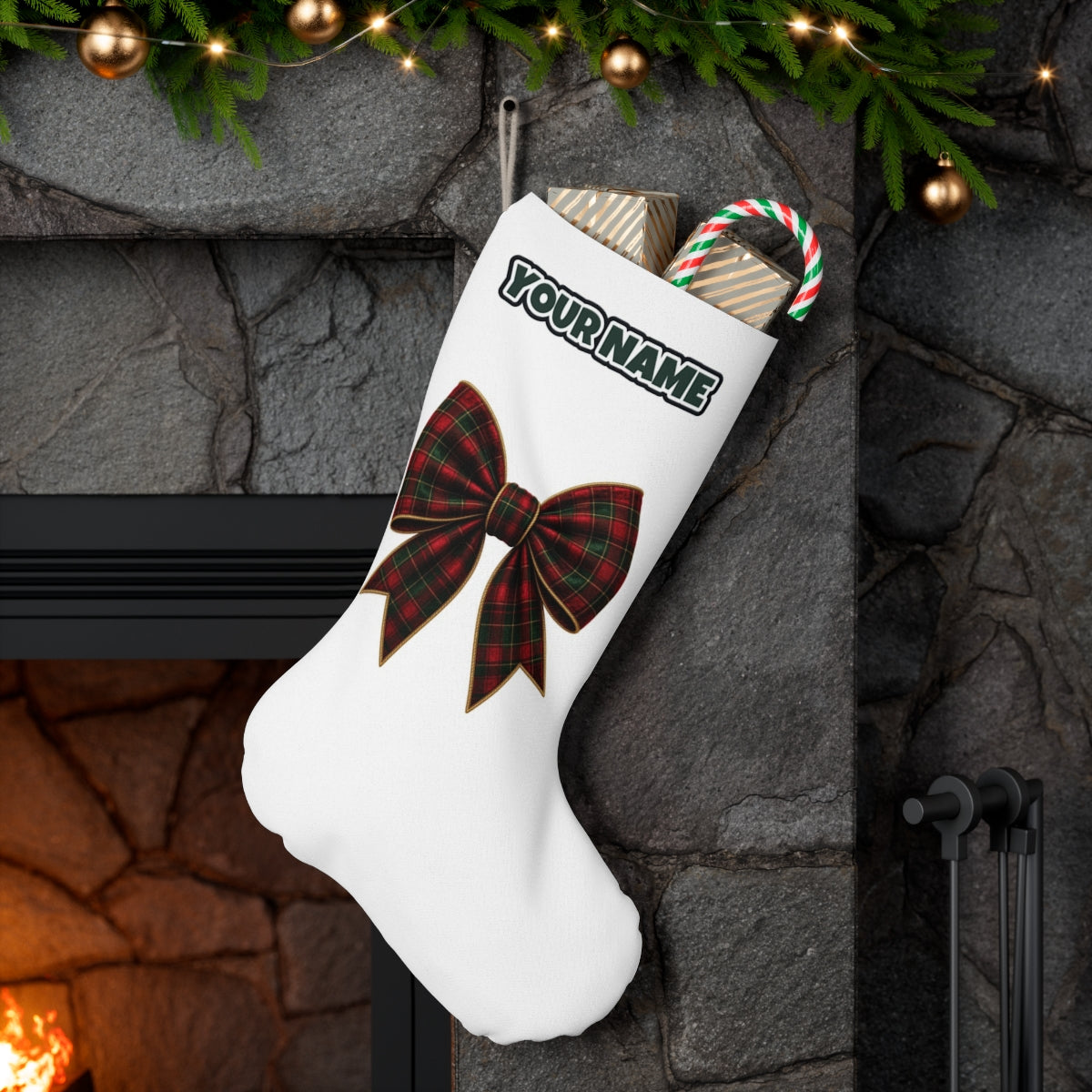 Tartan Christmas Bow personalised Christmas stocking hanging on a mantel