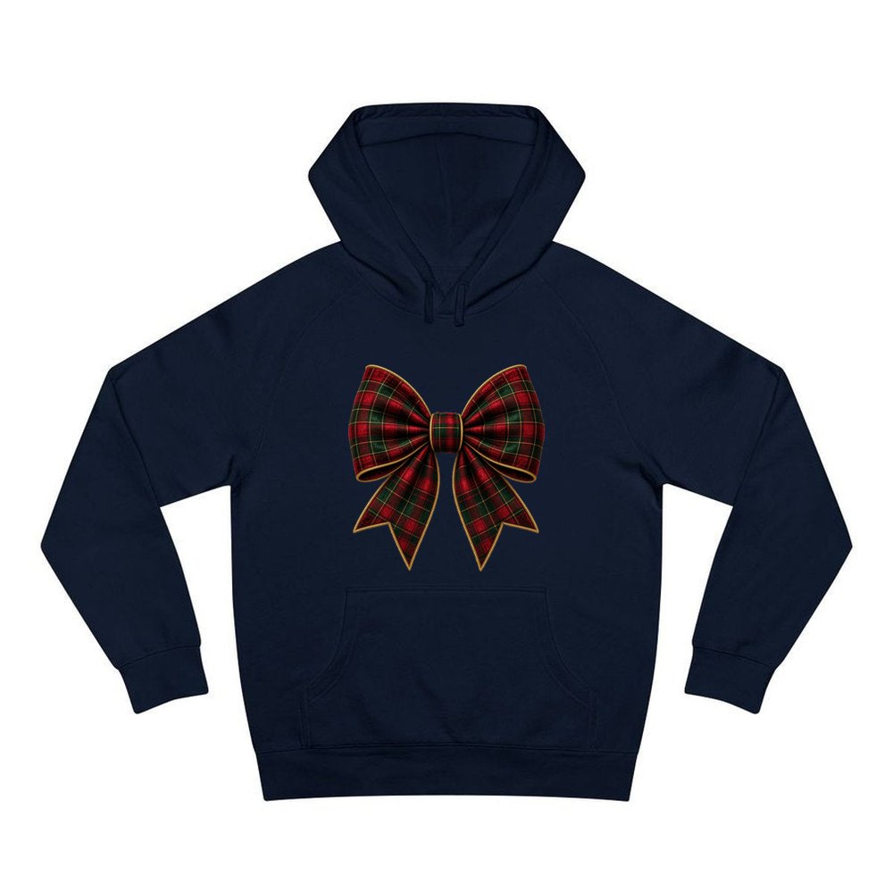Tartan Christmas Bow personalised Christmas hoodie in navy