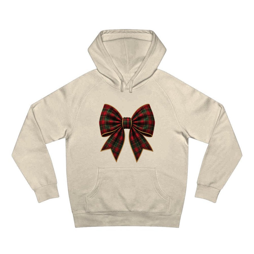 Tartan Christmas Bow personalised Christmas hoodie in sand