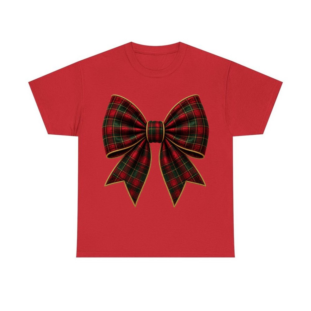 Tartan Christmas Bow personalised Christmas T-shirt in red