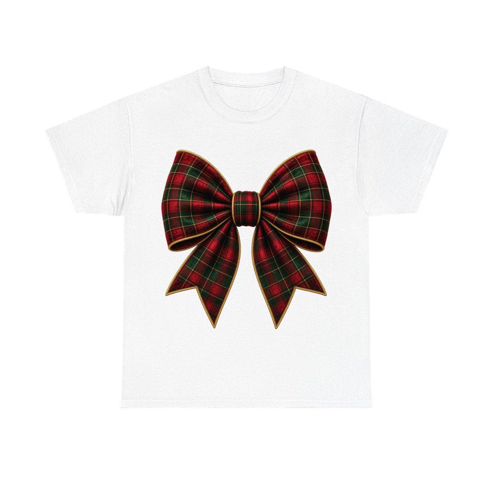 Tartan Christmas Bow personalised Christmas T-shirt in white