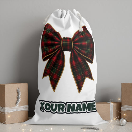 Tartan Christmas Bow personalised Santa sack, white, with the name printed under the artwork