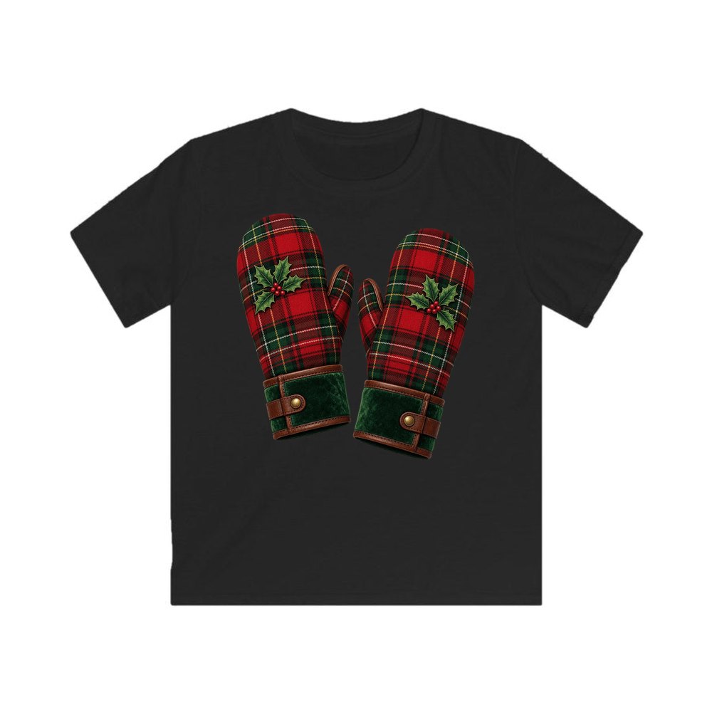 Tartan Christmas Mittens personalised kids Christmas tee in black