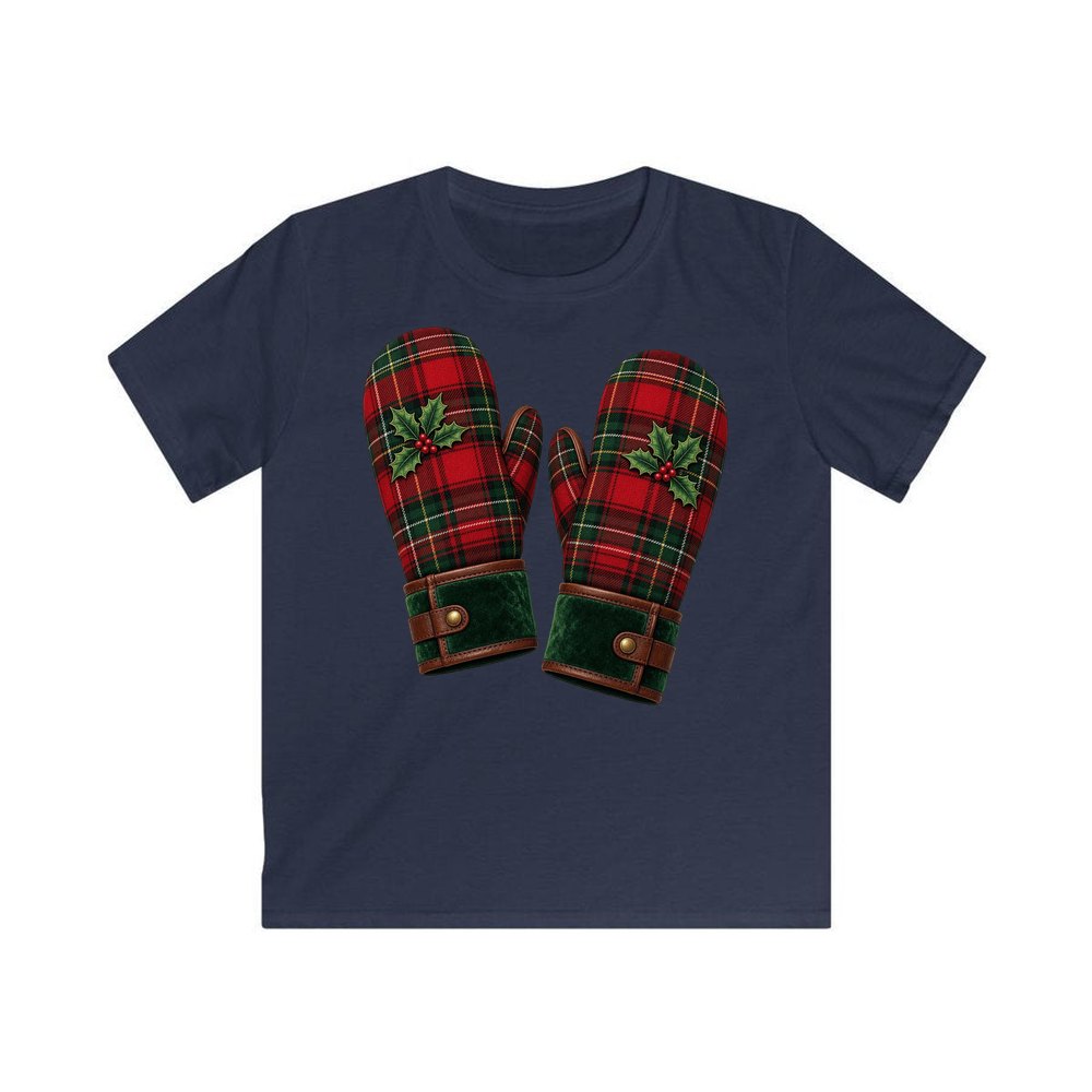 Tartan Christmas Mittens personalised kids Christmas tee in navy