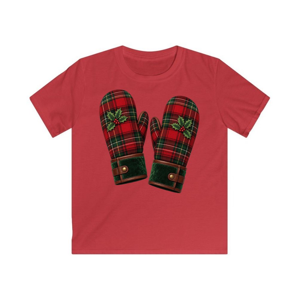 Tartan Christmas Mittens personalised kids Christmas tee in red