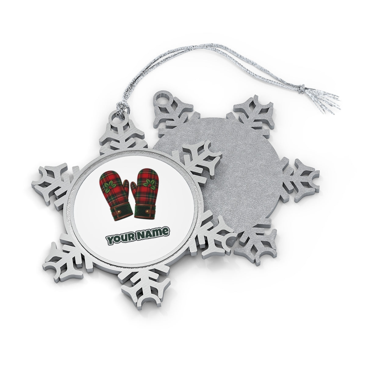 Tartan Christmas Mittens Personalised Pewter Christmas Ornament