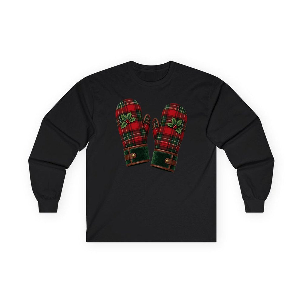 Tartan Christmas Mittens personalised long sleeve Christmas T-shirt in black