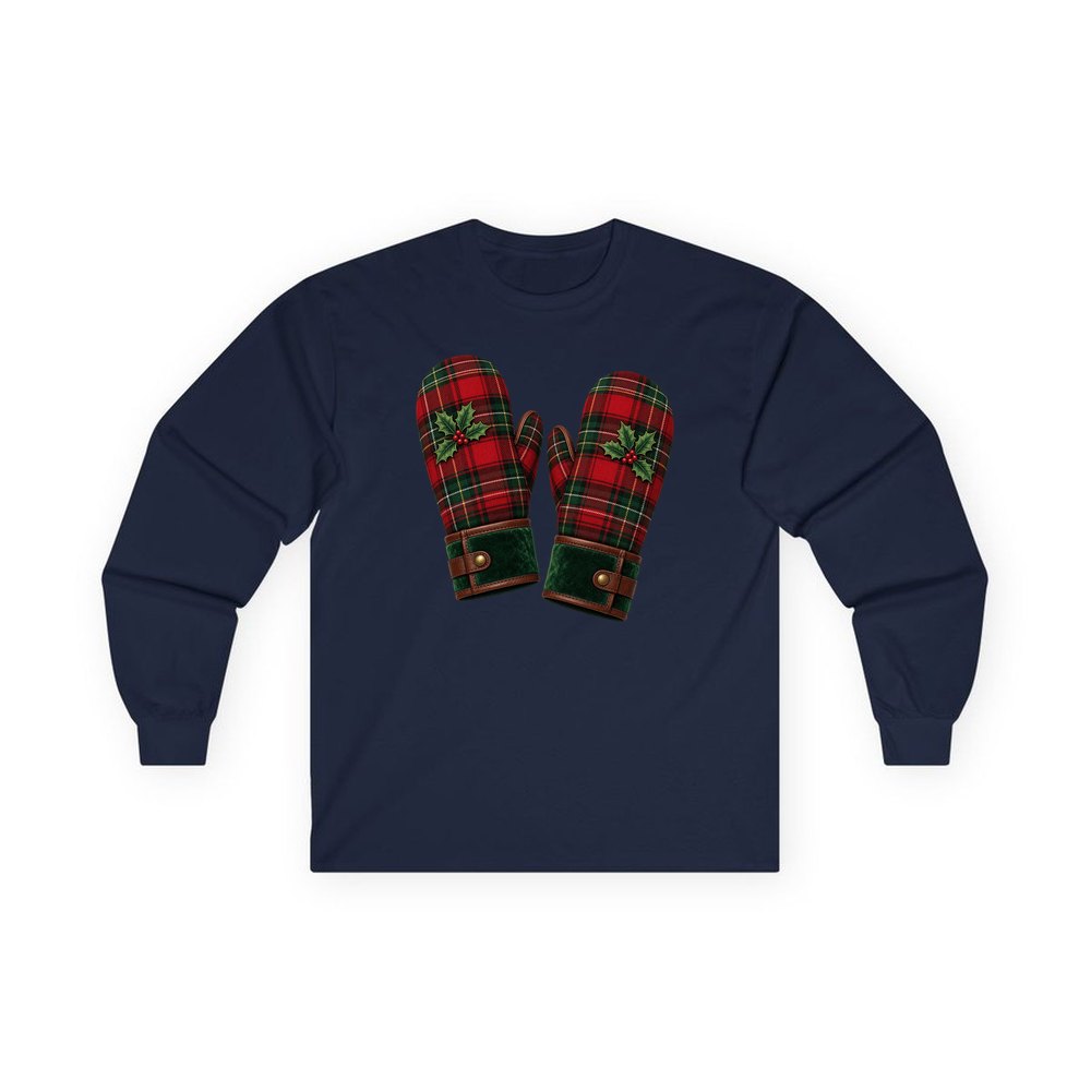 Tartan Christmas Mittens personalised long sleeve Christmas T-shirt in navy